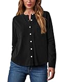 Sunborui Women's Long Sleeve Round Neck Blouses Button Down Placket Shirts Tops with Pockets (Black,Large)