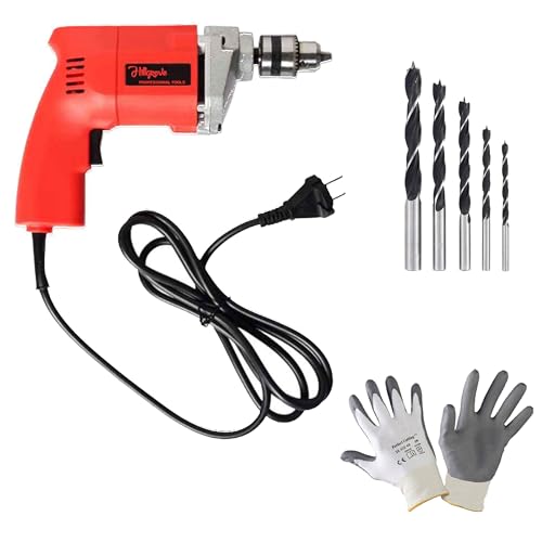 Image of Hillgrove HGCM1111M2 500W Power Drill Machine with Gloves, 5Pcs Wood Drill Bits for Making Holes in Metal /Wood /Concrete Pistol Grip Drill (10 mm Chuck Size)