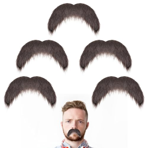 Aeaocvo 5 Pcs Fake Mustaches Self Adhesive Brown Realistic Stick On Mustache Novelty Fake Beard Moustache Costume for Adults Party Halloween Favor Cosplay Supplies