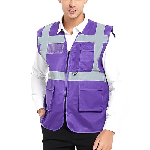 GOGO Chaleco de Seguridad de Alta Visibilidad con 5 Bolsillos y Byas Reflectantes, Chaleco de Trabajo, Púrpura, L