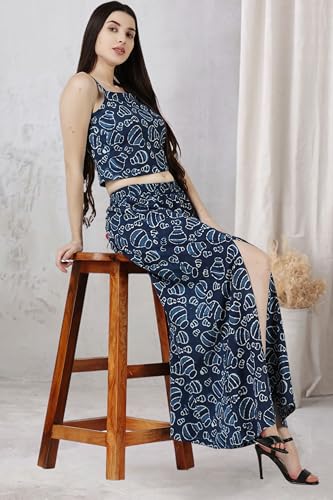 Image of POPWINGS Casual Bagru Printed Cotton Top and Skirt Set for Women || Pom Pom Top and Long Slit Skirt Set for Women || Two Piece Women Set for Summer
