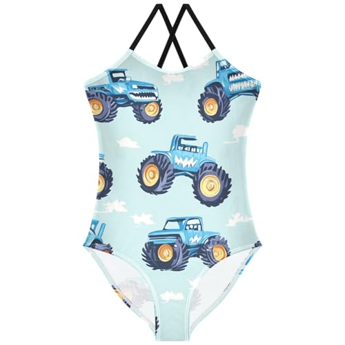 Pigsaly Girls One Piece Swimsuits Blue Monster Trucks Kids Cross Back Swimwear Toddler Beach Sport Bathing Suit 3T