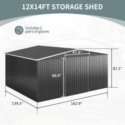 Image of Polar Aurora 12x14 FT Outdoor Storage Shed Black | Garden Shed with Updated Frame Structure and Lockable Doors, Metal Tool Sheds for Backyard Garden Patio Lawn
