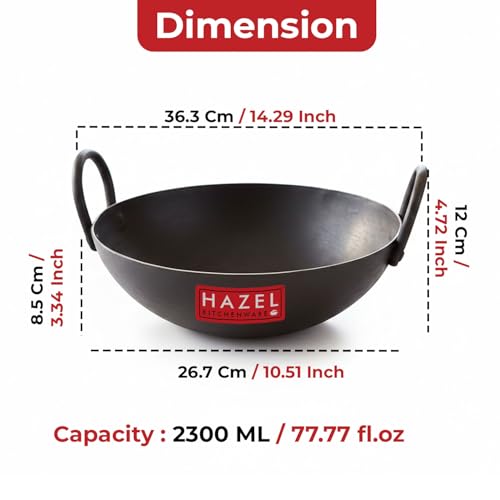 Image of HAZEL Iron Kadhai with Black Handle | 26cm, 2.3L | Lohe ki Kadhai | Traditional Healthy Cooking Utensils | Heavy Base Iron Wok