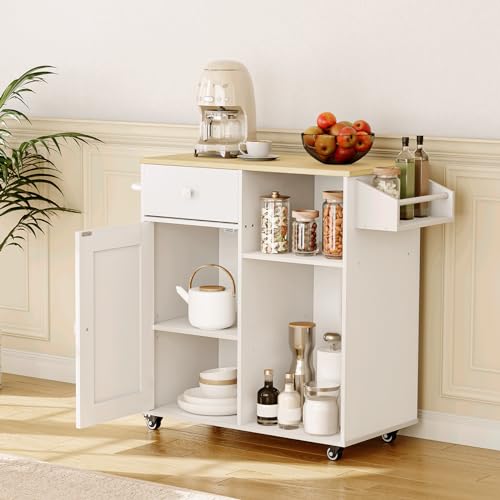 HOOBRO-Kitchen-Island-Storage-Cabinet-with-Drawer-Kitchen-Cart-with-Spice-and-Towel-Rack-Saving-Space-Easy-Assembly-for-Living-Room-White-and-Natural-WN12ZD01 HOOBRO Kitchen Island Storage Cabinet with Drawer Kitchen Cart with Spice and Towel Rack Saving Space Easy Assembly for Living Room White and Natural WN12ZD01