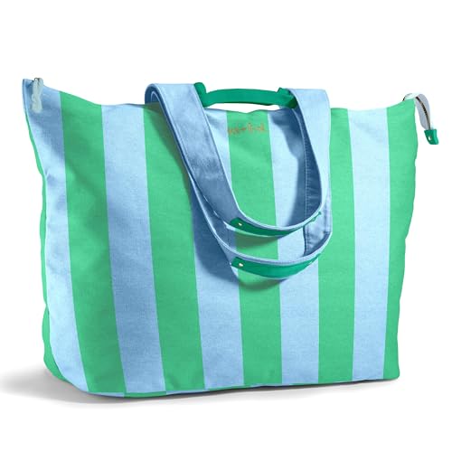Fit & Fresh Large Beach Bag for Women - Extra Large Travel Tote With Pockets, Blue Green Cabana Stripe