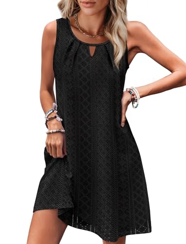 Image of RUMIA Swimsuit Coverup for Women Summer Sleeveless Beach Dress | Crew Neck, Pockets, Eyelet, Boho, Above knee Length, A-Line. Everyday wear, Sundresses, Cruise Wear, Vacation essential