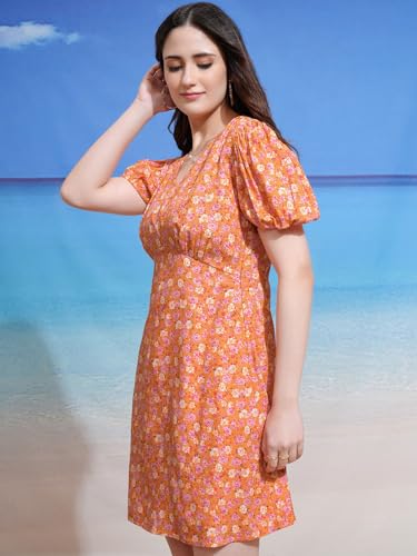 Image of Tokyo Talkies Women Peach Floral Printed Fit & Flare Mini Dress