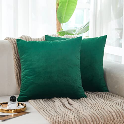 Sunday Praise Soft Thick Christmas Velvet Throw Pillow Covers 18 x 18 Inches Set of 2 Solid Decorative Square Cushion Case for Couch Sofa Bed Farmhouse Décor,Dark Green