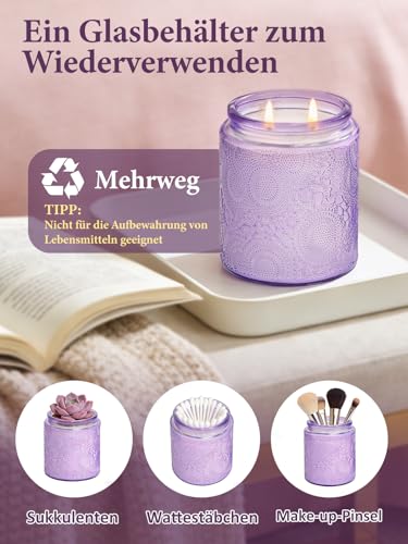 Lavendel Duftkerze im Glas mit ca. 50 Std Brenndauer, Sanfter Lavendel Kräuter-Holzduft, Handgegossen aus Sojawachs, Lila Glas – Geschenk für Freundin & Mutter