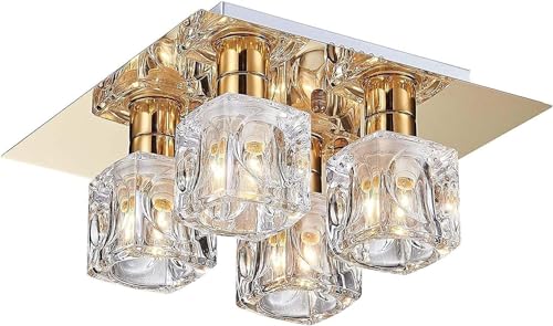 Plafonnier cube de verre doré à 4 lumières semi-encastré pour salon élégant