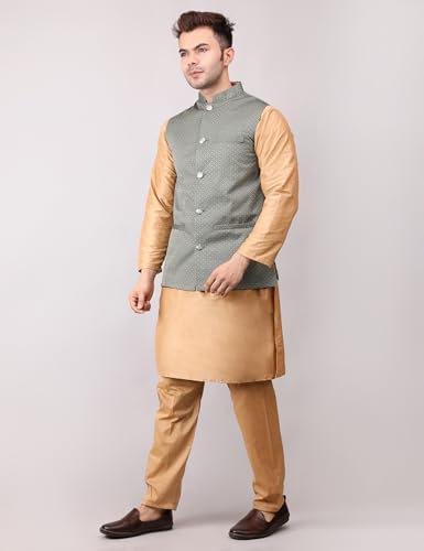Image of Men's Cotton Silk Blend Regular Kurta Pyjama, Embroidered Nehru Jacket /Waistcoat Set