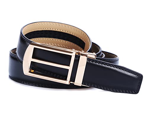 Mens Leather Ratchet Belts with Open Buckle Perfect Fit Dress Belt (One Size:32"-45" Waist, Black Leather & Gold style Metal Buckle)2