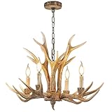 Antler Chandelier 4 Lights, Vintage Rustic Farmhouse Brown Art Deco Style Ceiling Lighting, E12 Base Compatible, Perfect for Living Room Dining Room Bedroom (4 Lamp arms+3 arms)