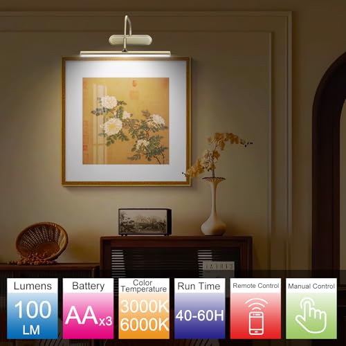Image of RAIFOOLLY Picture Light,3AA Battery Art Lights for Paintings,Wireless Wall Lighting,Remote Control Accent Light with Timer and Dimmable for Frame,Portrait,Dartboard-Antique Brass