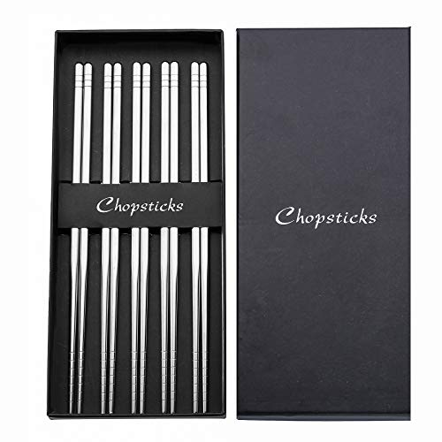 5 Pairs Stainless Steel Chopsticks Set INSAMPAD Reusable Chopsticks Dishwasher Safe Nonslip Metal Chopsticks With Case