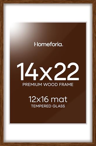 Image of Homeforia 14x22 Picture Frame Brown, High End Dark Oak 14x22 Walnut Wooden Frames with Mat 12x16, 14 x 22 Wood Poster Frame Matted to 12 by 16, 22x14 Hanging Frames, Tempered Glass, Wall Kit, Set of 1