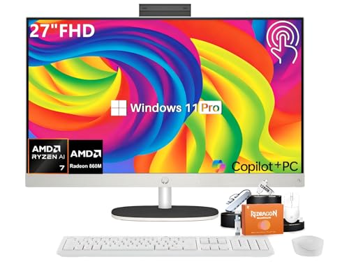 Image of HP 27 inch All-in-One FHD Touchscreen Desktop Computer, AMD Ryzen AI 7 350(8-Core), 64 GB DDR5-5600 RAM, 4 TB SSD, AMD Radeon 860M GPU, Wi-Fi 6, BT 5.4, Windows 11 Pro, Copilot+ PC, Wireless KB and Mouse