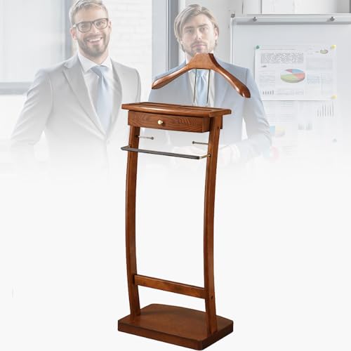 Suit Stand, Man and Women Clothes Valet, Wood Valet Stand, with Shoe Shelf, with Trouser Bar, for Office Living Room