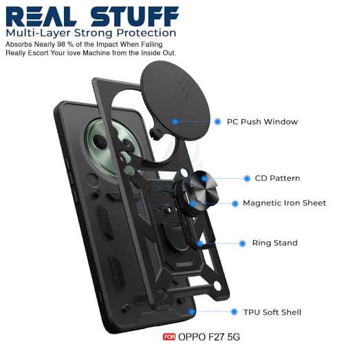 Image of AESTMO Tough Armor Oppo F27 5G Bumper Back Case Cover | Ring Holder & Sliding Camera Shield Cover | 360 Degree Protection Back Case Cover for Oppo F27 5G (Black)