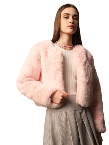 Image of ONLY Women Collarless Self Design Faux Fur Casual Tailored Jacket