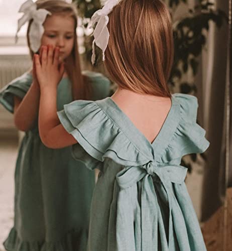 Girls Dress Linen Boho Party Ruffle Sleeve A-Line Floral Hem Loose Fit Summer Outfits for 5-12 Years Kids2