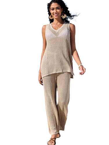 Famulily Womens 2 Piece Crochet Knit Outfits Summer Hollow Out Cover Up Sets Sleeveless Deep V Neck Top and Wide Leg Pants