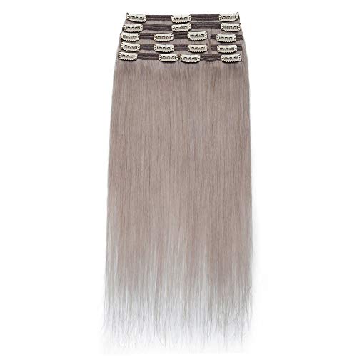 Image of Benehair 18inch 140g Clip in Hair Extensions Real Human Hair Highlighted Grey Thick Double Weft for Women Remy Hair Seamless 18 Clip ins 8pcs Long Straight Hairpieces for Full Head