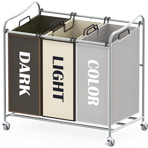 Simple Houseware Heavy Duty 3-Bag Laundry Sorter Rolling Cart, Silver/Assorted – Durable Triple Laundry Hamper with Removable Bags and Lockable Wheels for Laundry Room Organization