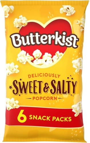 Butterkist Palomitas de maíz dulces y saladas, 6 bolsas de 12 g, 60 calorías por bolsa de 12 g, sin gluten, sin colores ni sabores artificiales, adecuadas para vegetarianos
