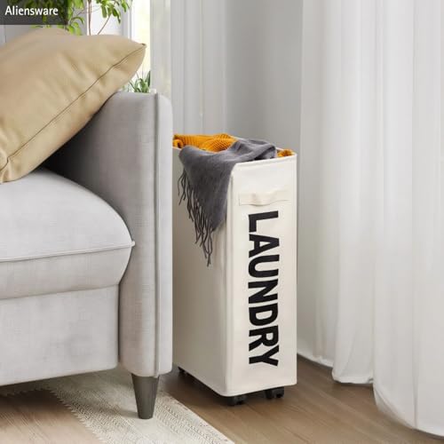 Image of Aliensware Laundry Basket Foldable with Wheels & Side Handle, Washing Clothes Storage Basket, Oxford Cloth Bin, Organizer, Movable Solution, Portable Laundry Bag, Collapsible Hamper,Aliens-Beige