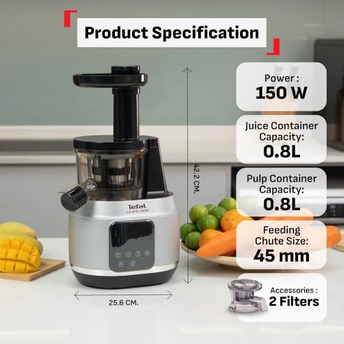 Image of Tefal Juice & Clean slow juicer, Fruit and Vegetable Juice Extractor, Vitamin Juice, Cold Press, 150 W, 42 to 70 RPM, Fresh Fruit Juice, Jam, Sorbet, Automatic Cleaning 2 years warranty