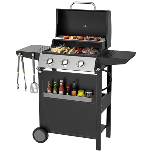 Zvivofla Parrilla de gas propano de 3 quemadores para cocinar al aire libre, parrilla de barbacoa de acero inoxidable con estantes laterales, termómetro y ruedas, parrilla de patio trasero de 36,000