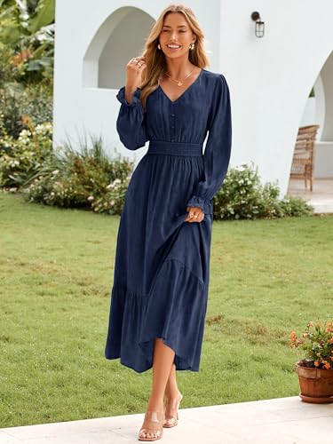 BerryGo Womens Long Sleeve Empire Waist Maxi Dress V Neck Fall Wedding Guest Flowy Long Dresses2
