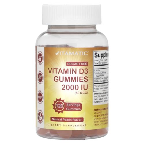 Vitamatic Sugar Free Vitamin D3 2000 IU - 120 Pectin Based Gummies - Great Taste - Healthy Bones Mood & Immune System Function - Non-GMO - 120 Servings