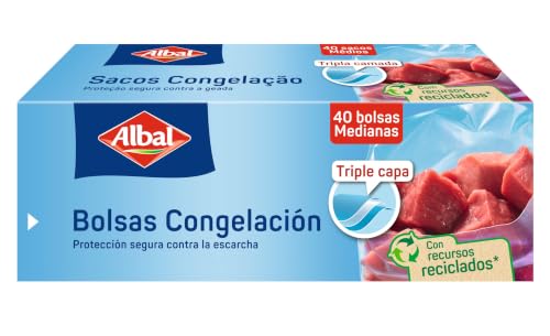Albal Bolsas congelación - Bolsas para congelar alimentos, previenen la escarcha y las quemaduras por congelación, para conservar alimentos en el congelador, 70% recicladas, 3L, 40 unidades medianas
