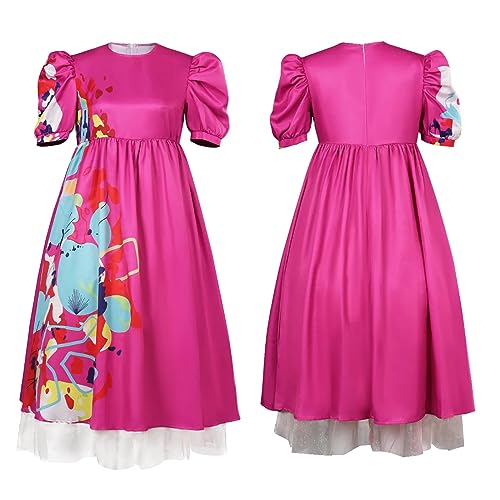 Ruleewe Weird Doll Costume Dress Adult Women Doll Cosplay Pink Outfit Mesh Skirt Puff Short Sleeve Halloween Printed Dresses