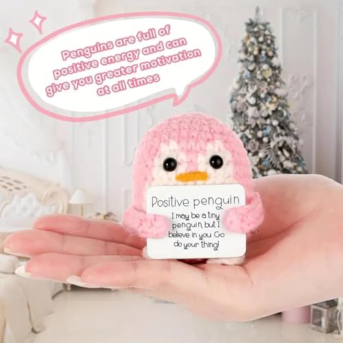 Image of Zibuyu Handmade Crochet Penguin Desk Decor with Positive Message Card Cute Motivational Crochet Toys Gift for Office Home Baby Nursery, Pink