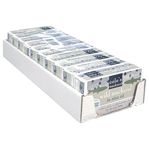 Cole's - Pack Of 10 Wild Mackerel In Olive Oil - Canned & Jarred Seafood, Skinless, Boneless, Small Atlantic Mackerel Fish, Preservative & Gluten Free, High In Omega 3 – 4.4 Oz Per Pack #TOP2
