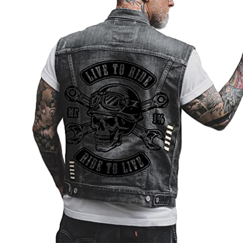 ORANDESIGNE Chaleco de Mezclilla de Hombre Chaqueta Sin Mangas Chaleco con Estampado de Calavera Punk Chaleco Vaquero Lavado Chaqueta Corta de Moto K Negro L