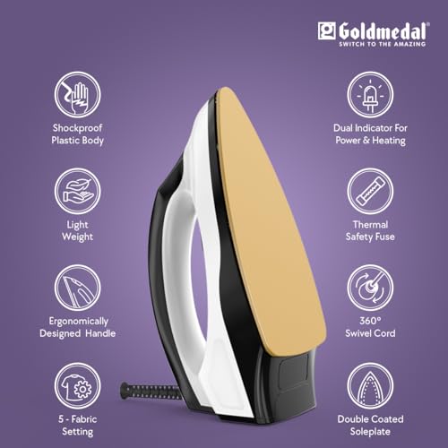 Image of Goldmedal Magna 1000W Dry Iron| Non-stick Weilburger Premium Double Coated Soleplate| 5 Fabric Setting |1.8 Meter Cord| 360 Swivel Cord| Thermal Fuse Safety| 2.5 Years Warranty| Light Weight (Black)