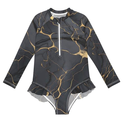 ALAZA Swimsuit for Girls Long Sleeve Rashguard Bathing Suit Marble Dark Gold Quick Dry 4T
