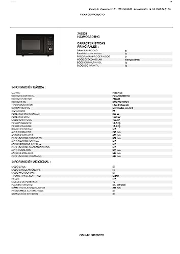Hisense H23MOBSD1HG - Microondas con Grill, Capacidad de 23 L, 800 W de Potencia,1000 W Grill, Temporizador 60 Min, Modo Descongelar, Tirador, Acabado Negro - imagen 14