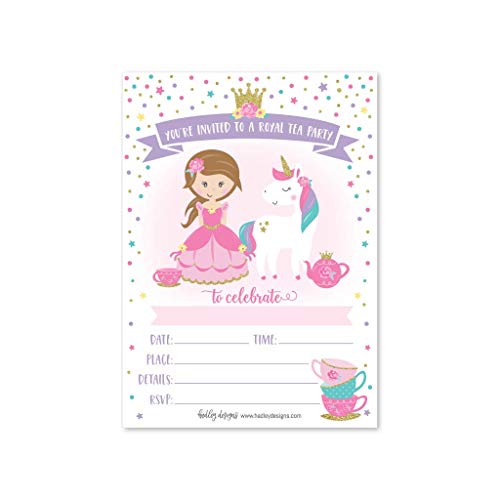 25 Unicorn Tea Party Invitation, Princess Royal Queen Crown Little Girl Birthday Invite, Kid Magical Teacup Themed Bday Supply Idea, Enchanted Tiara Fairytale Sparkle Printed Or Fill In The Blank Card #TOP6