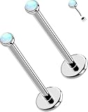 Picture of OUFER 2PCS 18G Threadless Labret Tragus Stud Earrings with 2MM White Opal – Titanium Flat Back Push-In Cartilage Jewelry for Sensitive Skin – 12mm Silver Bar