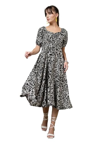 Image of OOMPH! Below Knee Shift Pink Dress in Crepe Fabric with Round Neck and Puff Sleeves - md619l