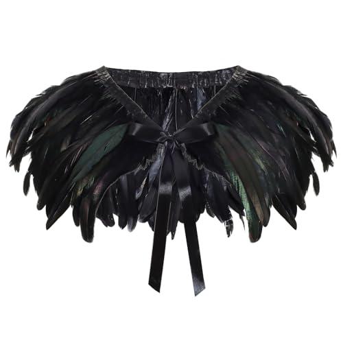 Bcxfbxd Gothic Feather Epaulet Shrug Shoulder with Strap Black Shawl Collar Costume Accessories for Halloween Cosplay Party