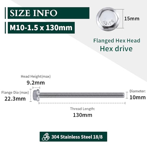 Image of M10-1.5 x 130mm Hex Flange Bolt (5.12 inch Thread Length), DIN6921, Serrated Locking Flange, 304 Stainless Steel, UNC Full Thread, 6-Pack