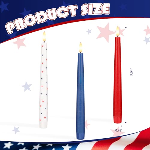 Image of Red White and Blue Star Candles, Flameless Taper Candles with 3D Wick, Real Wax 4th of July Flameless Candles with Remote, 9.6 inch Battery Operated Patriotic Led Candlesticks, 3 Pack