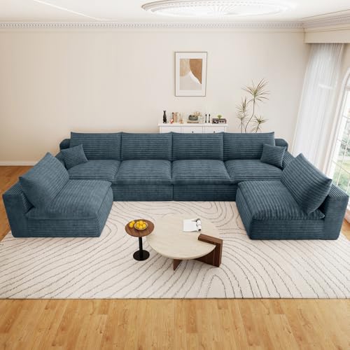 Image of 136 inch Cloud Couch Modular Sectional Sofa for Living Room, U-Shape Boneless Couch with Deep Seat, Modern Corduroy 6-Seater, No Assembly Required, Blue